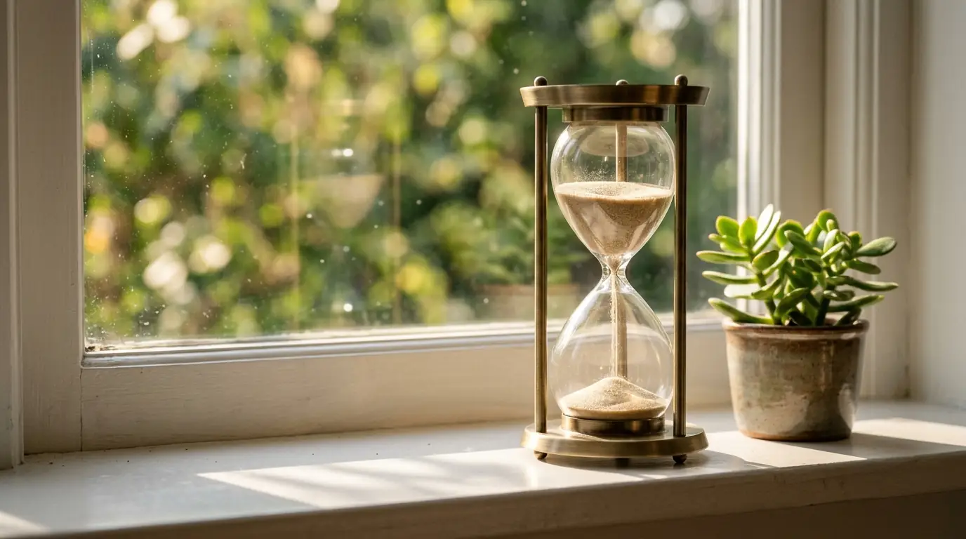 A brass hourglass with sand running through it on a sunny windowsill beside a potted plant