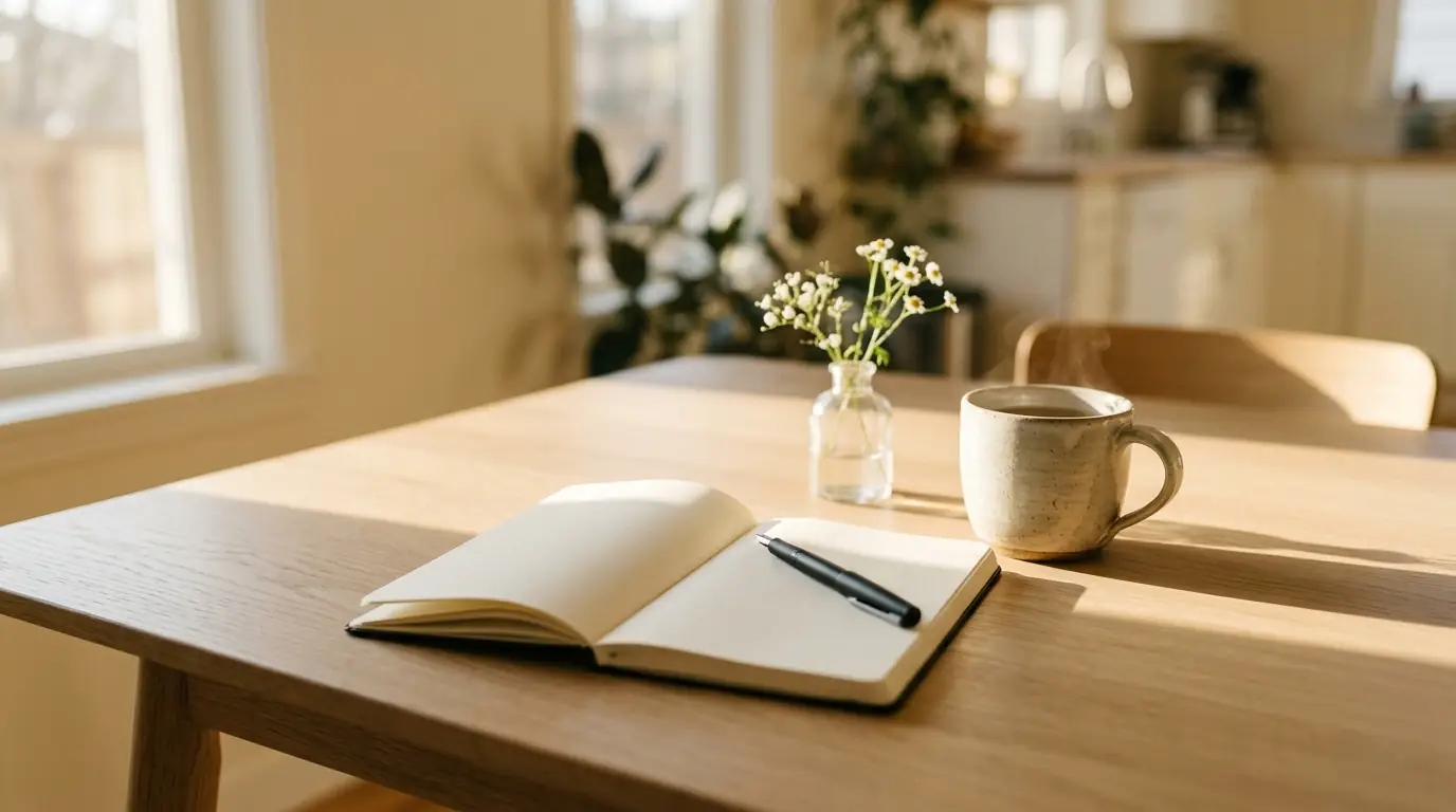 A mug of tea, an open notebook and a small vase of flowers on a kitchen table in morning sunlight