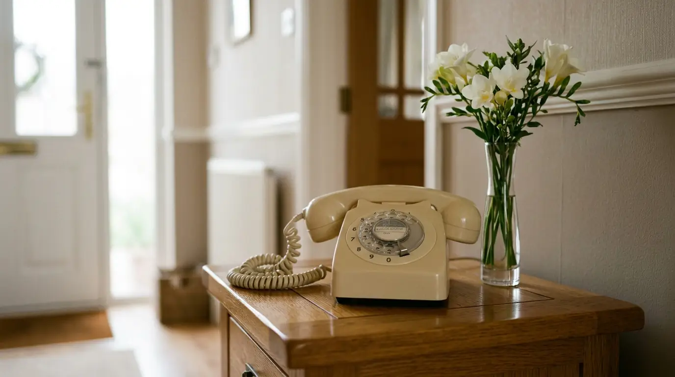 A cream rotary telephone on an oak hallway table beside a vase of white flowers