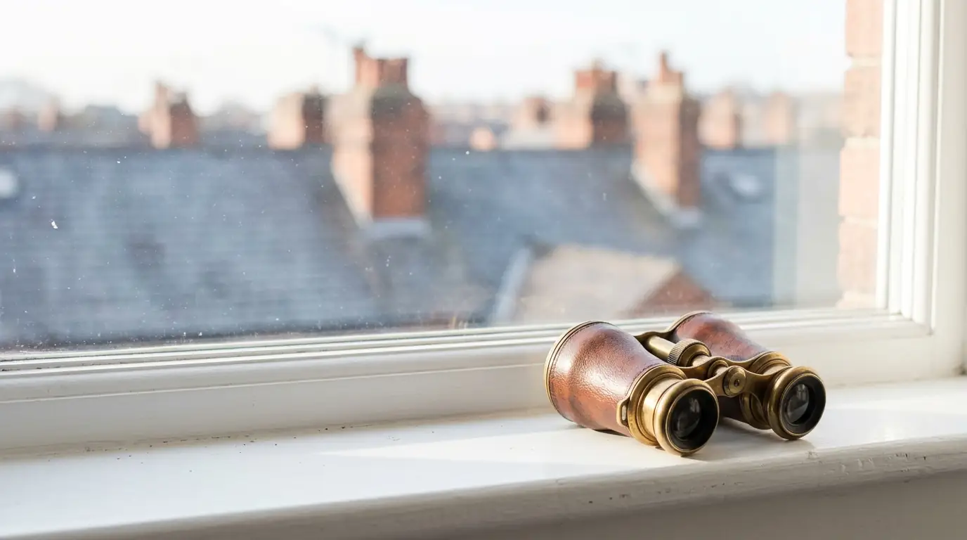 A pair of vintage brass binoculars on a white windowsill looking out over red-brick rooftops and chimneys