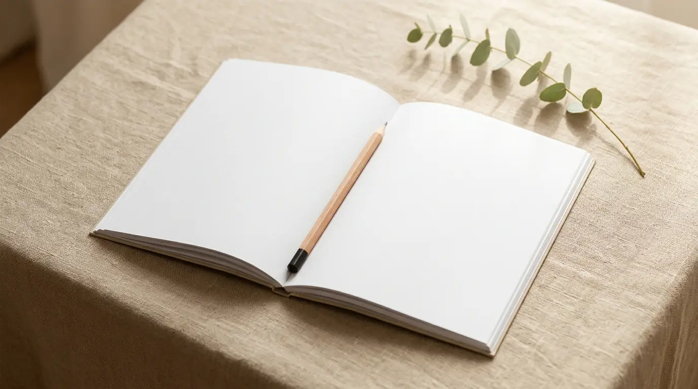 An open blank week planner with a pencil and a sprig of eucalyptus on a linen tablecloth