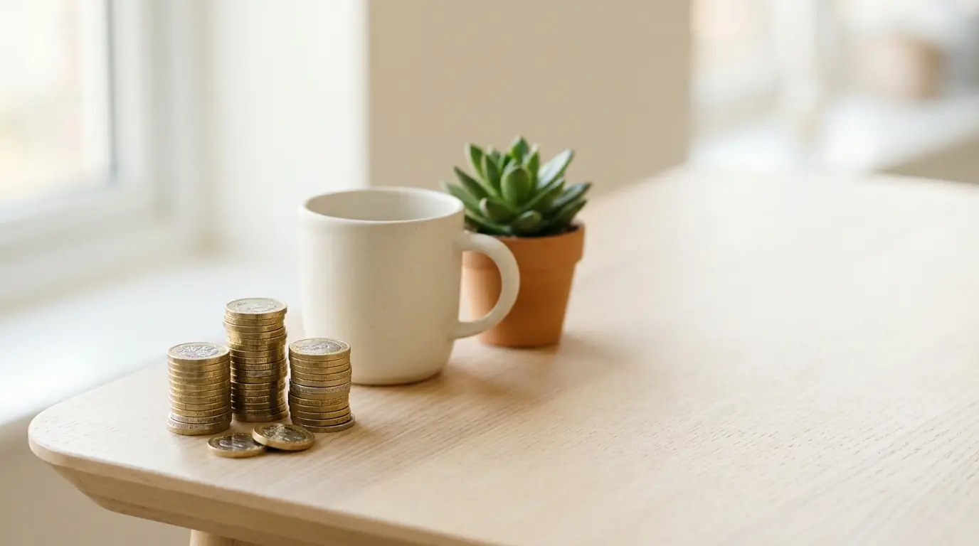 Three small stacks of pound coins beside a mug and a potted succulent on a pale wooden table