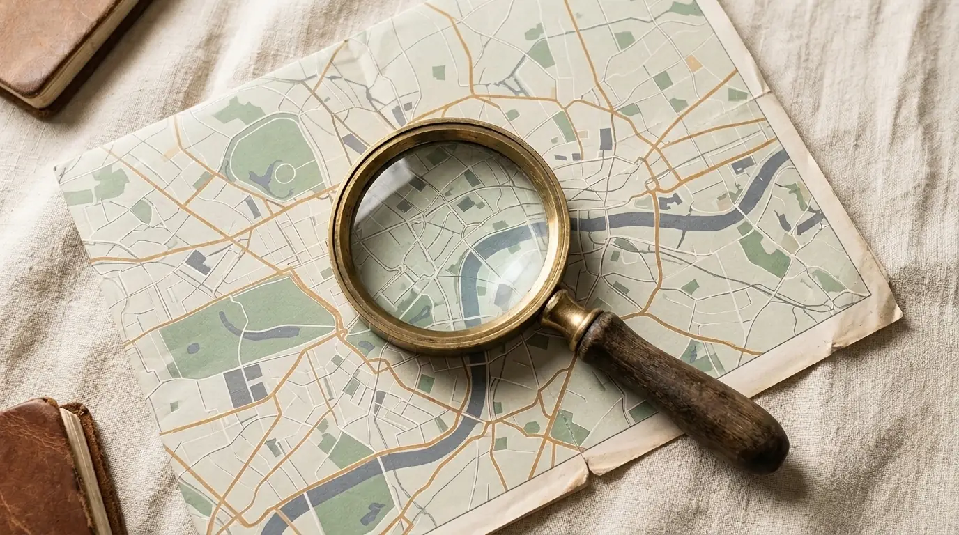 A brass magnifying glass resting on a paper street map on a linen cloth