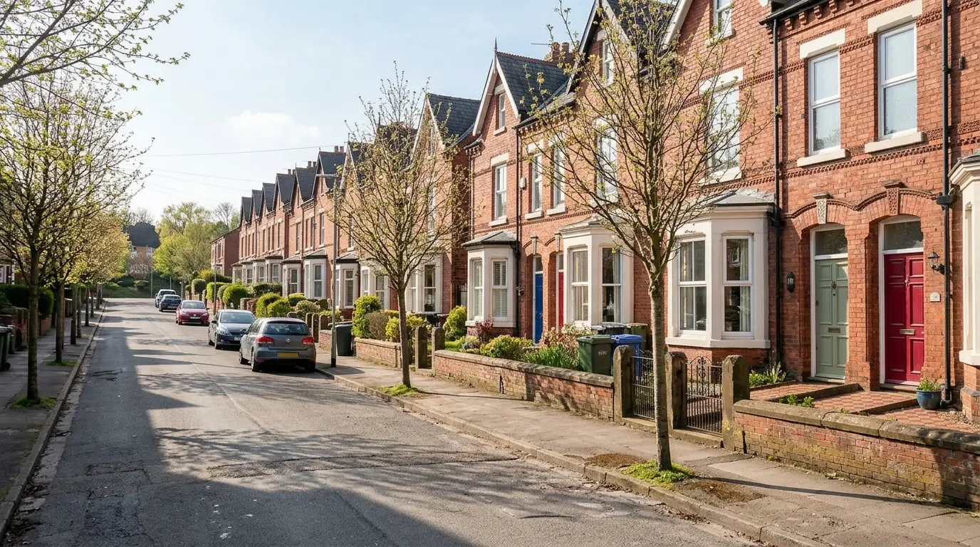 A street of Victorian red-brick terraced houses with bay windows and coloured front doors on a spring morning