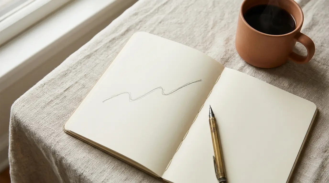 An open notebook with a hand-drawn pencil line chart, a pencil and a cup of coffee on a linen tablecloth