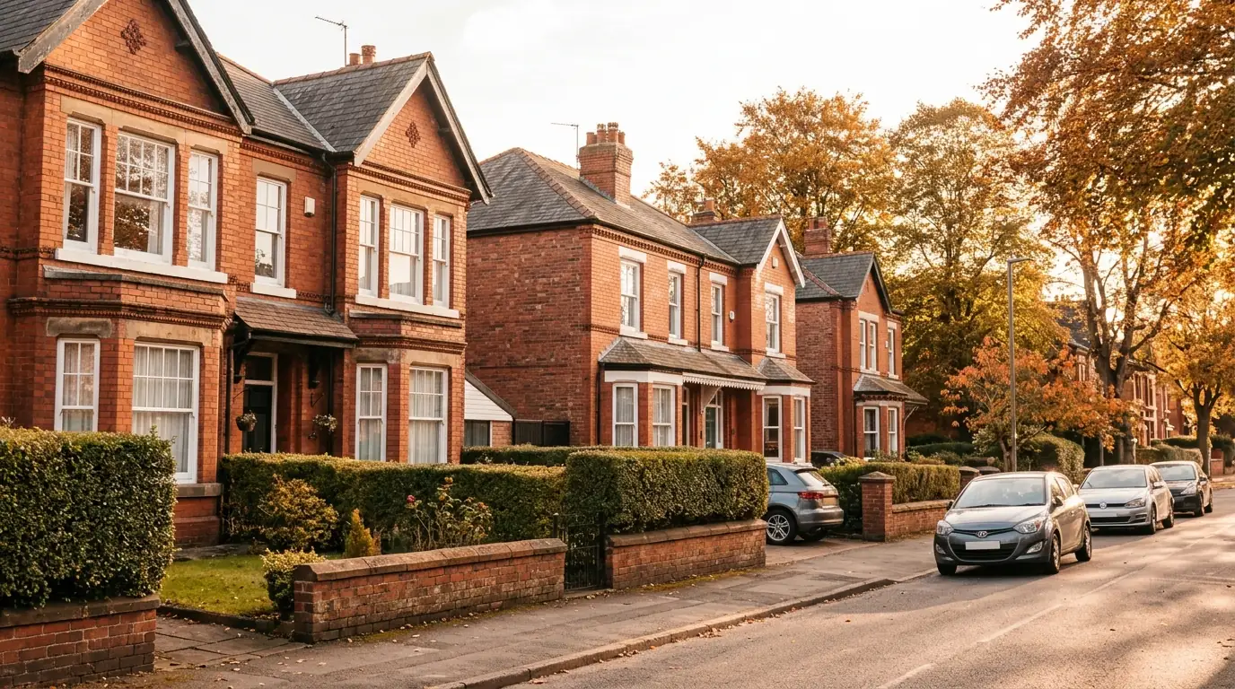 A street of red-brick Edwardian semi-detached houses with hedged front gardens in autumn sunlight