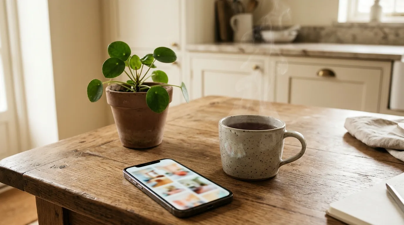 A smartphone showing a feed of house photos on a wooden kitchen table, beside a mug of tea and a pot plant