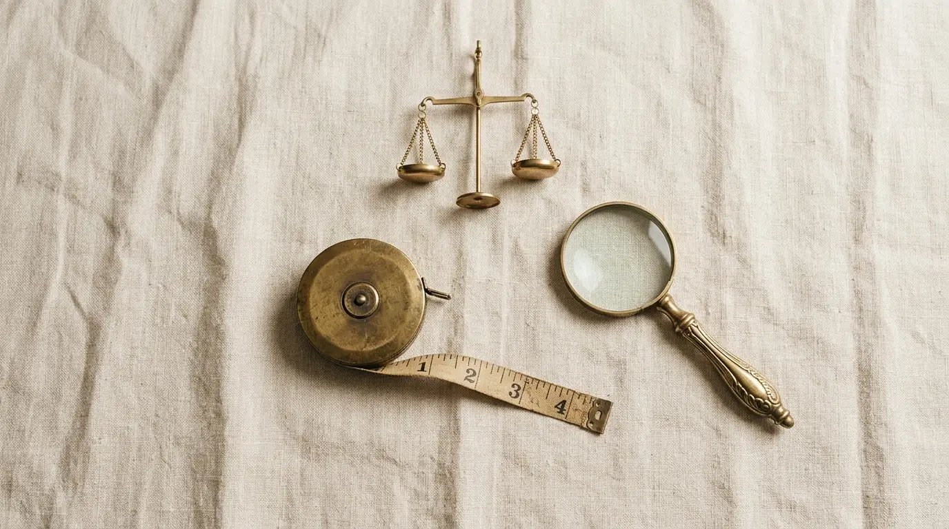 A brass tape measure, a magnifying glass and a small brass balance scale on a linen cloth
